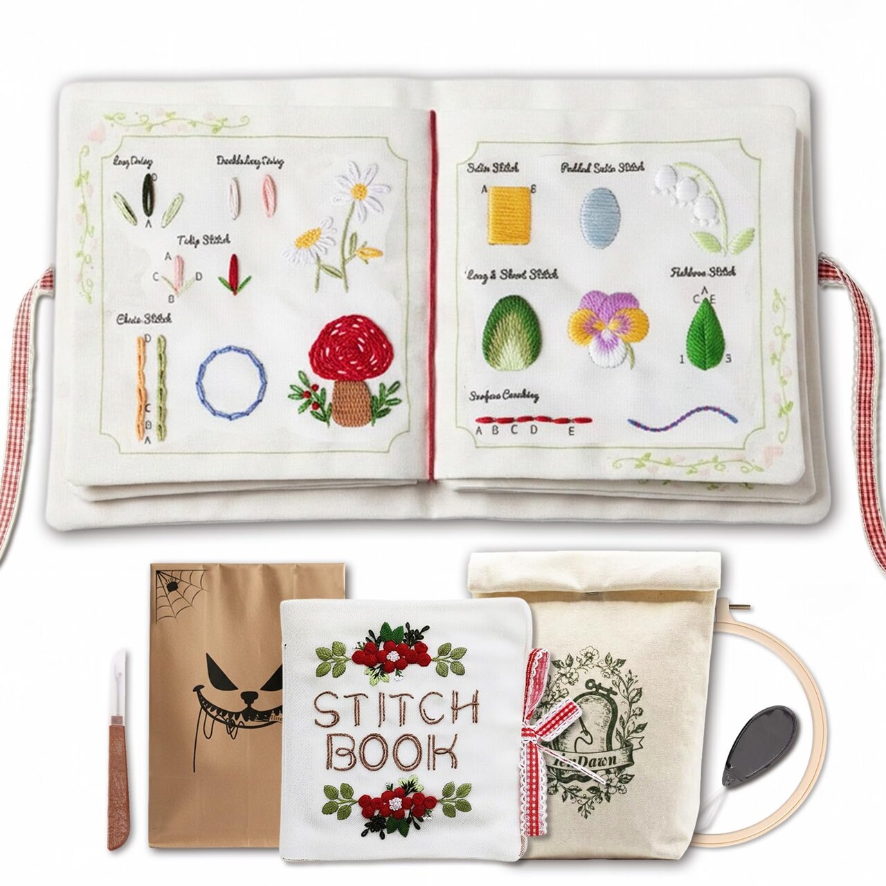 Beginner Embroidery Stitch Book with Fabric Pages, 32 Essential Stitches in Structured Learning Order for Adults, DIY Sewing Kit with Floral Motifs, Practice Patterns